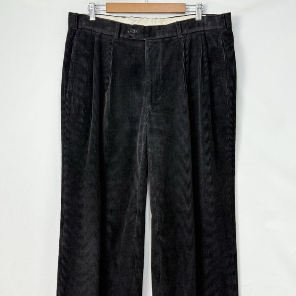 Paul Frederick Mens Pants Black Corduroy Straight Cuffed Pleat Size 36x32 - Picture 1 of 13